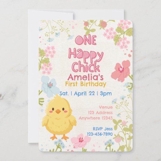 One Happy Chick, Floral 1st Birthday 招待状 (正面)