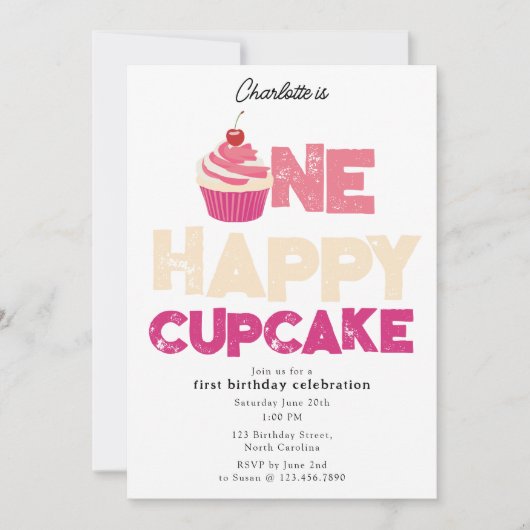 One Happy Cupcake Invite 1st First Birthday Cute 招待状 (正面)