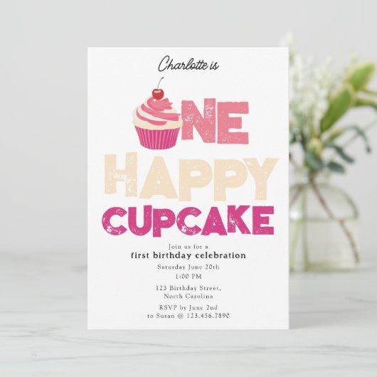 One Happy Cupcake Invite 1st First Birthday Cute 招待状 (スタンド正面)