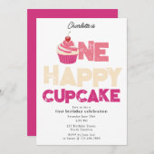 One Happy Cupcake Invite 1st First Birthday Cute 招待状 (正面/裏面)
