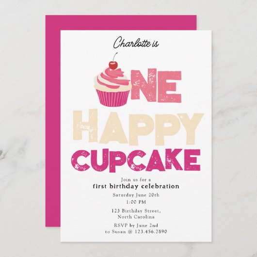 One Happy Cupcake Invite 1st First Birthday Cute 招待状 (正面/裏面)