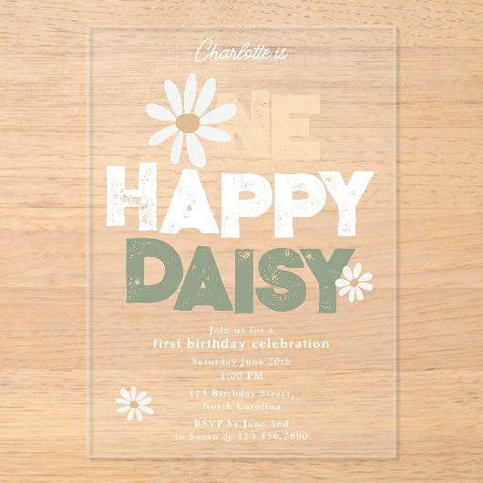One Happy Daisy Invite 1st  First Birthday Cute アクリル招待状 (正面)
