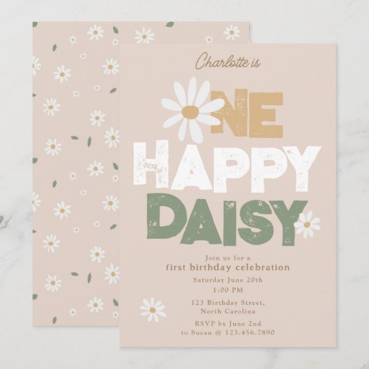 One Happy Daisy Invite 1st First Birthday Cute 招待状 (正面/裏面)