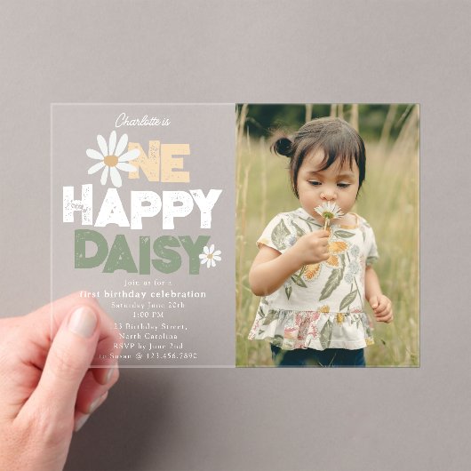 One Happy Daisy Invite 1st  First Birthday Photo アクリル招待状 (インサイチュ (ポータブル))