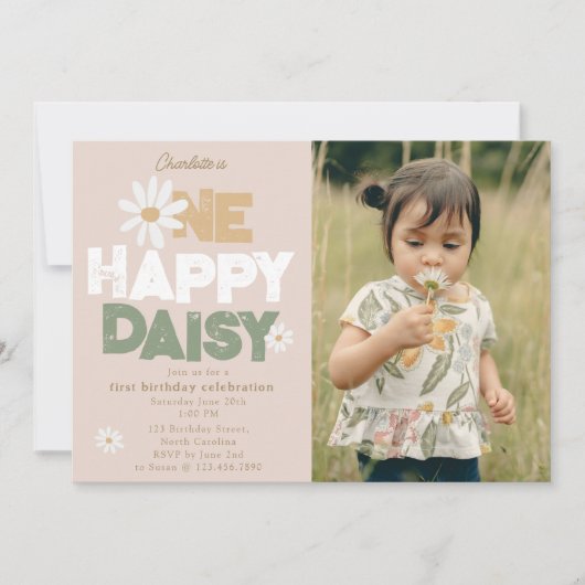 One Happy Daisy Invite 1st First Birthday Photo 招待状 (正面)