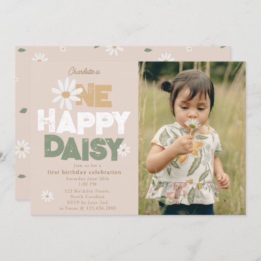 One Happy Daisy Invite 1st  First Birthday Photo 招待状 (正面/裏面)