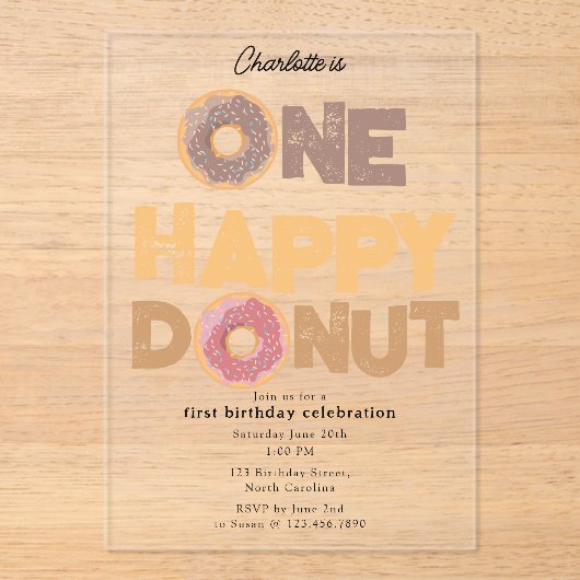 One Happy Donut Invite 1st  First Birthday Cute アクリル招待状 (正面)