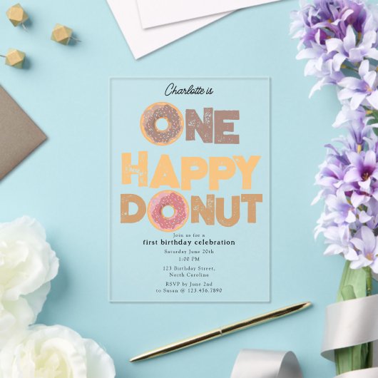 One Happy Donut Invite 1st  First Birthday Cute アクリル招待状 (インサイチュ (ウェディング))
