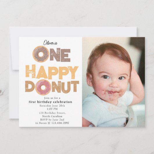One Happy Donut Invite 1st  First Birthday Photo 招待状 (正面)