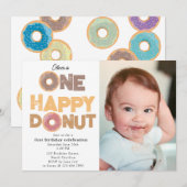 One Happy Donut Invite 1st  First Birthday Photo 招待状 (正面/裏面)
