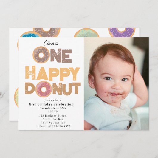 One Happy Donut Invite 1st  First Birthday Photo 招待状 (正面/裏面)