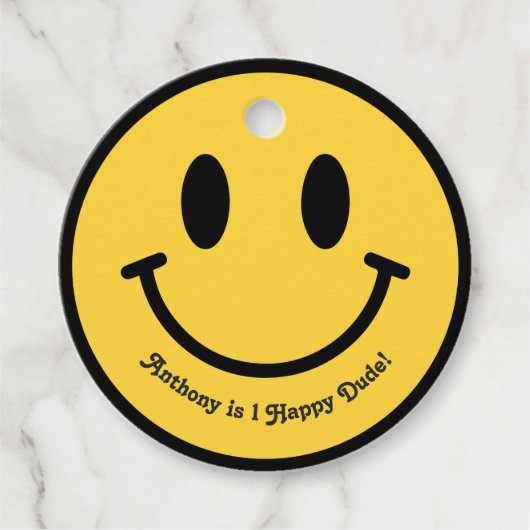 "One Happy Dude" レトロスマイル誕生日パーティー フェイバータグ (正面)