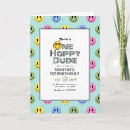 "One Happy Dude" レトロスマイル 1歳の誕生日パーティー 招待状