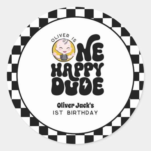 One Happy Dude 1st Birthday ラウンドシール (正面)