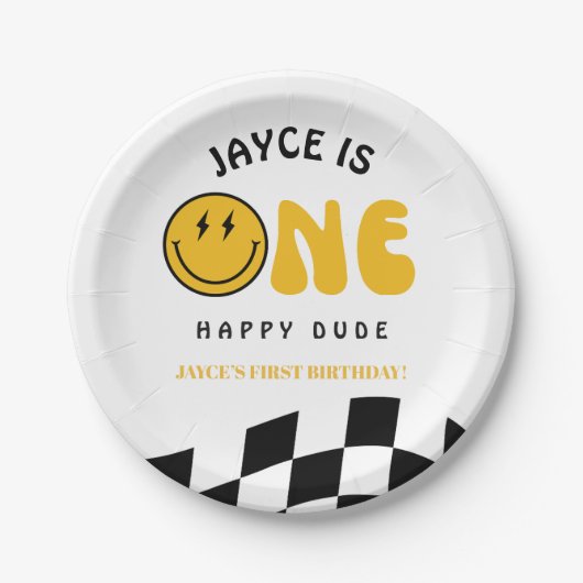 One Happy Dude 1st Birthday Checkered Paper Plates ペーパープレート (正面)