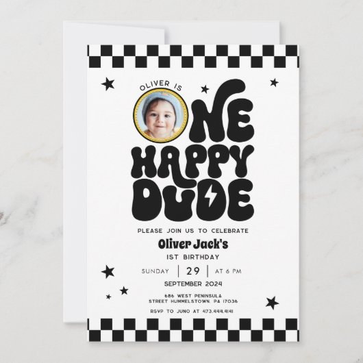 One Happy Dude 1st Birthday Invitation with Photo 招待状 (正面)