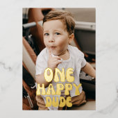 One Happy Dude Boy 1st Birthday写真絵文字金ゴールド 箔招待状 (正面)