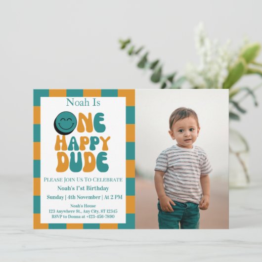 One Happy Dude Boy 1st Birthday写真 招待状 (スタンド正面)