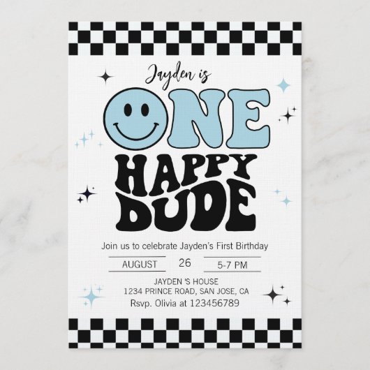 One Happy Dude Boy First Birthday Party 招待状 (正面)