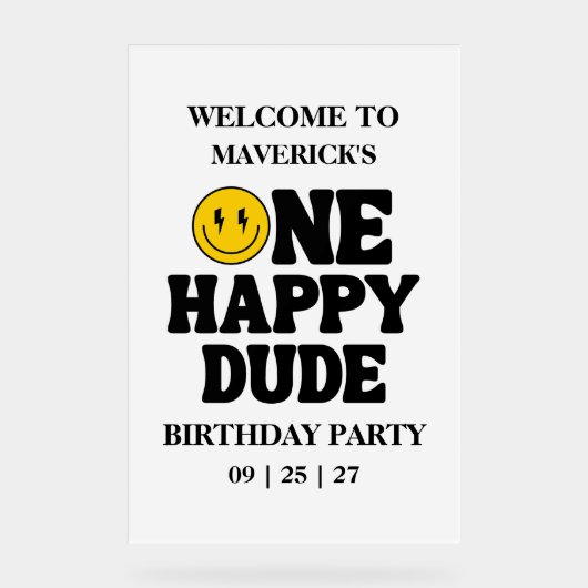 One Happy Dude Boy's Retro 1st Birthday  アクリルサイン (正面)