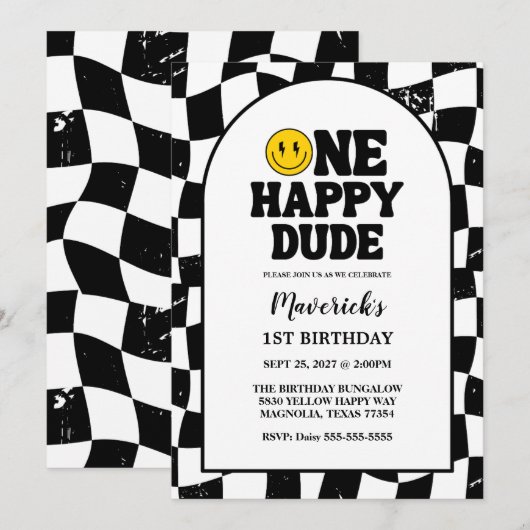 One Happy Dude Boy's Retro 1st Birthday  招待状 (正面/裏面)