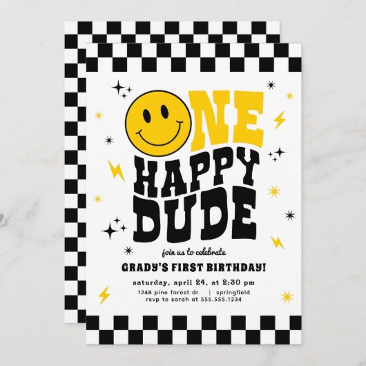 One Happy Dude First Birthday Invitation Boy 招待状 (正面/裏面)
