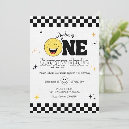 One Happy Dude - Fun 1st Birthday Boy Party 招待状 (スタンド正面)
