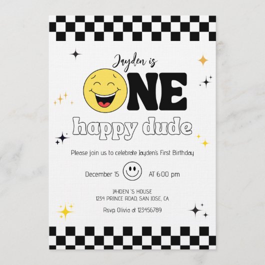 One Happy Dude - Fun 1st Birthday Boy Party 招待状 (正面)
