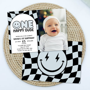 One Happy Dude Groovyチェックフォト誕生日 招待状