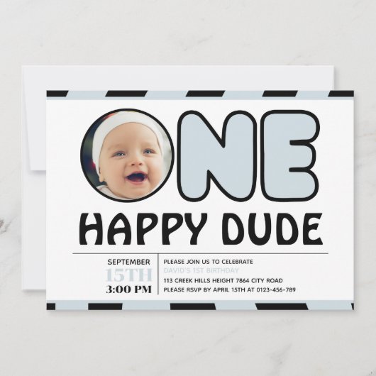 One Happy Dude Groovy男の子の市松模様に誕生日写真 招待状 (正面)