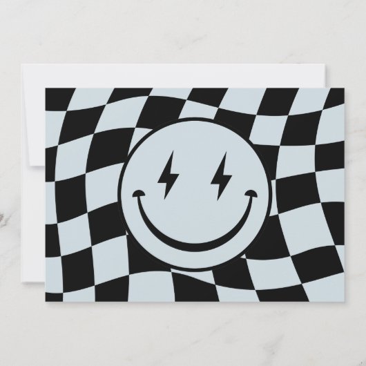 One Happy Dude Groovy男の子の市松模様に誕生日写真 招待状 (裏面)