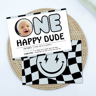 One Happy Dude Groovy男の子の市松模様に誕生日写真 招待状
