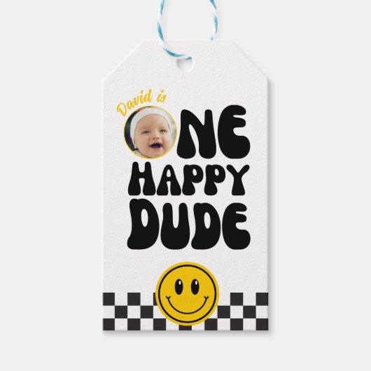 One Happy Dude Happy顔Boy Photo 1st Birthday ギフトタグ (正面)