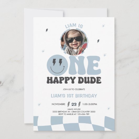 ONE HAPPY DUDE INVITATION, 1ST BIRTHDAY INVITATION 招待状 (正面)