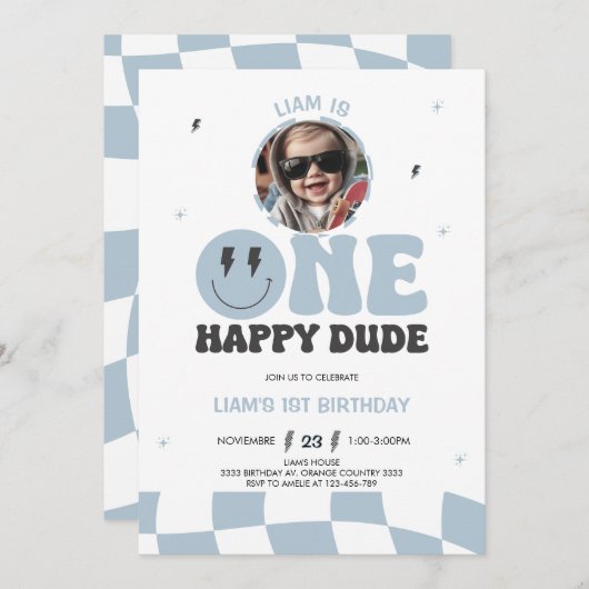 ONE HAPPY DUDE INVITATION, 1ST BIRTHDAY INVITATION 招待状 (正面/裏面)