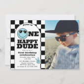 One Happy Dude Invite 1st First Birthday Boy Photo 招待状 (正面)