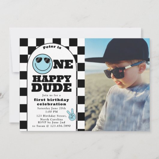 One Happy Dude Invite 1st First Birthday Boy Photo 招待状 (正面)