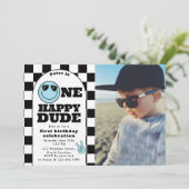 One Happy Dude Invite 1st First Birthday Boy Photo 招待状 (スタンド正面)