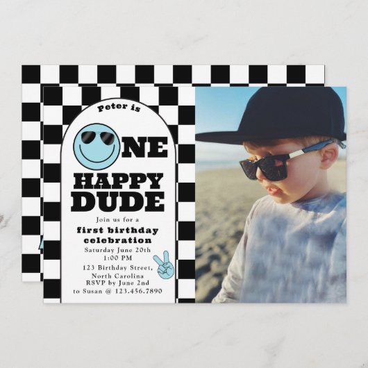 One Happy Dude Invite 1st First Birthday Boy Photo 招待状 (正面/裏面)