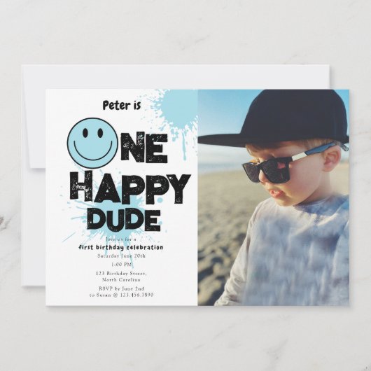 One Happy Dude Invite 1st First Birthday Boy Photo 招待状 (正面)