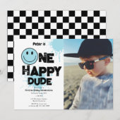 One Happy Dude Invite 1st First Birthday Boy Photo 招待状 (正面/裏面)