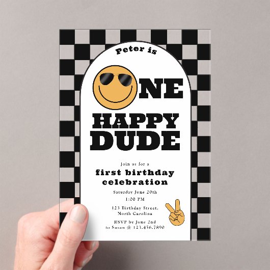 One Happy Dude Invite 1st First Birthday Cute Boy アクリル招待状 (インサイチュ (ポータブル))