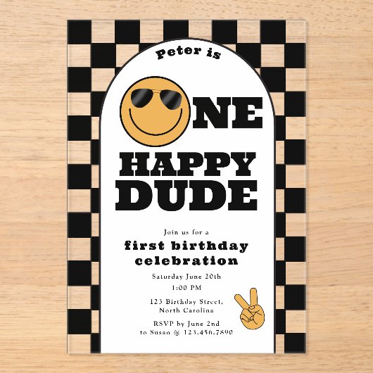 One Happy Dude Invite 1st First Birthday Cute Boy アクリル招待状 (正面)
