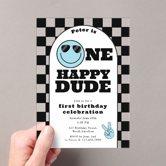 One Happy Dude Invite 1st First Birthday Cute Boy アクリル招待状 (インサイチュ (ポータブル))