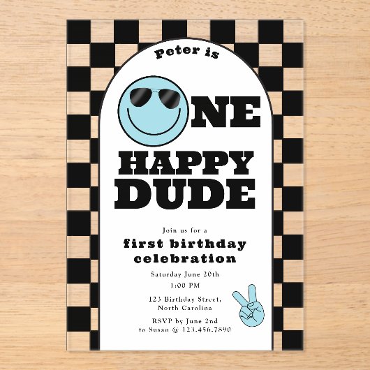 One Happy Dude Invite 1st First Birthday Cute Boy アクリル招待状 (正面)