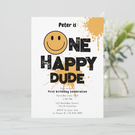 One Happy Dude Invite 1st First Birthday Cute Boy 招待状 (スタンド正面)