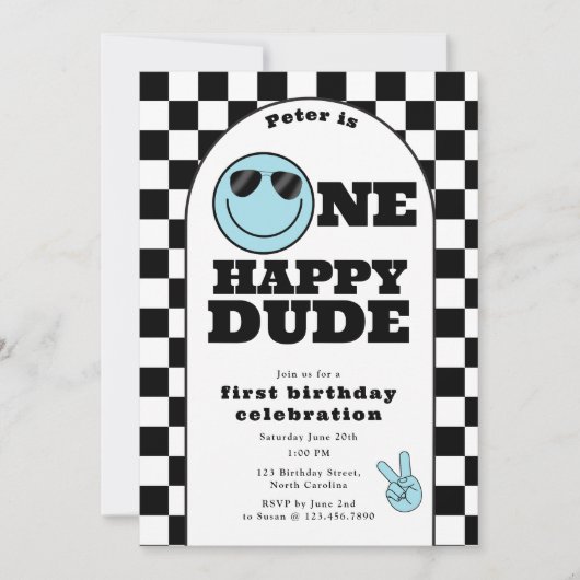 One Happy Dude Invite 1st First Birthday Cute Boy 招待状 (正面)