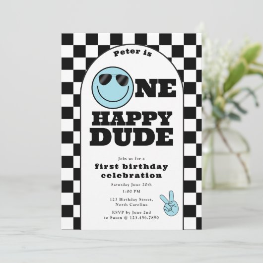 One Happy Dude Invite 1st First Birthday Cute Boy 招待状 (スタンド正面)