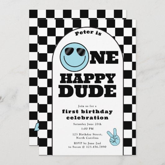 One Happy Dude Invite 1st First Birthday Cute Boy 招待状 (正面/裏面)