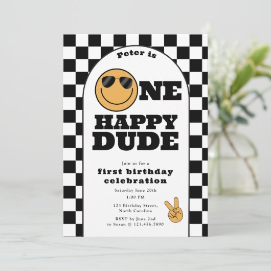 One Happy Dude Invite 1st First Birthday Cute Boy 招待状 (スタンド正面)